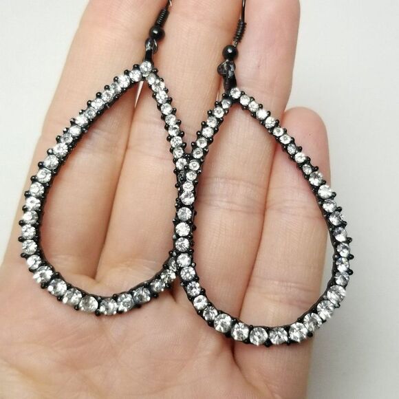 Vintage Large Rhinestone and Black Enamel Dangle Drop Shape Earrings, Estate - Picture 1 of 6